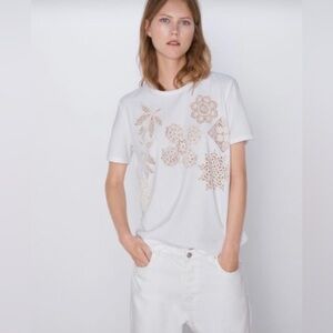 Zara T-Shirt Floral Crochet Designs White Short Sleeve Women’s 100% Cotton Sz M